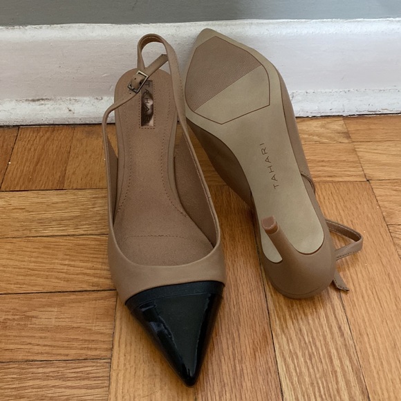 Tahari Podium leather sling back 2.5” heel—tan and black super cute!! - Picture 2 of 10